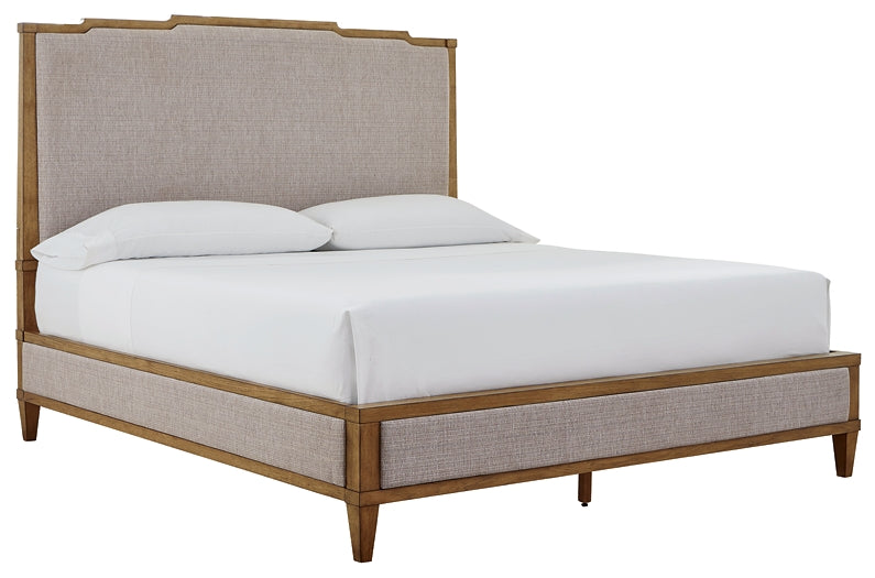 Sharlance California King Upholstered Panel Bed with Mirrored Dresser, Chest and Nightstand