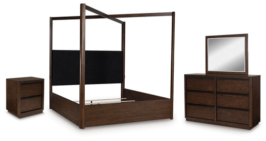 Dilenno Queen Canopy Bed with Mirrored Dresser and Nightstand