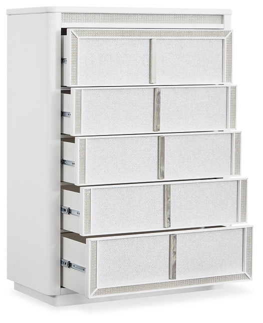 Chalanna King Upholstered Storage Bed with Mirrored Dresser, Chest and Nightstand