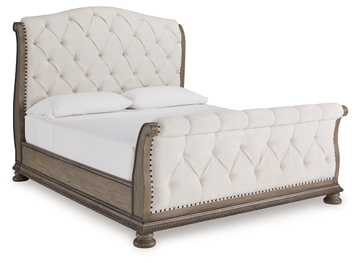 Ardenfield California King Upholstered Sleigh Bed with Mirrored Dresser
