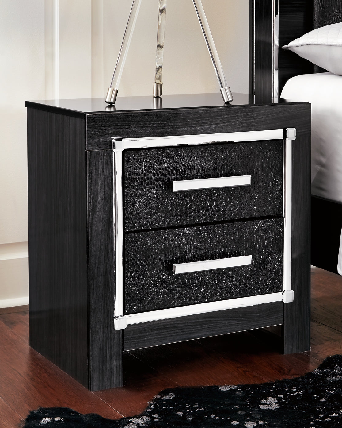 Kaydell King Upholstered Panel Headboard with Mirrored Dresser and 2 Nightstands