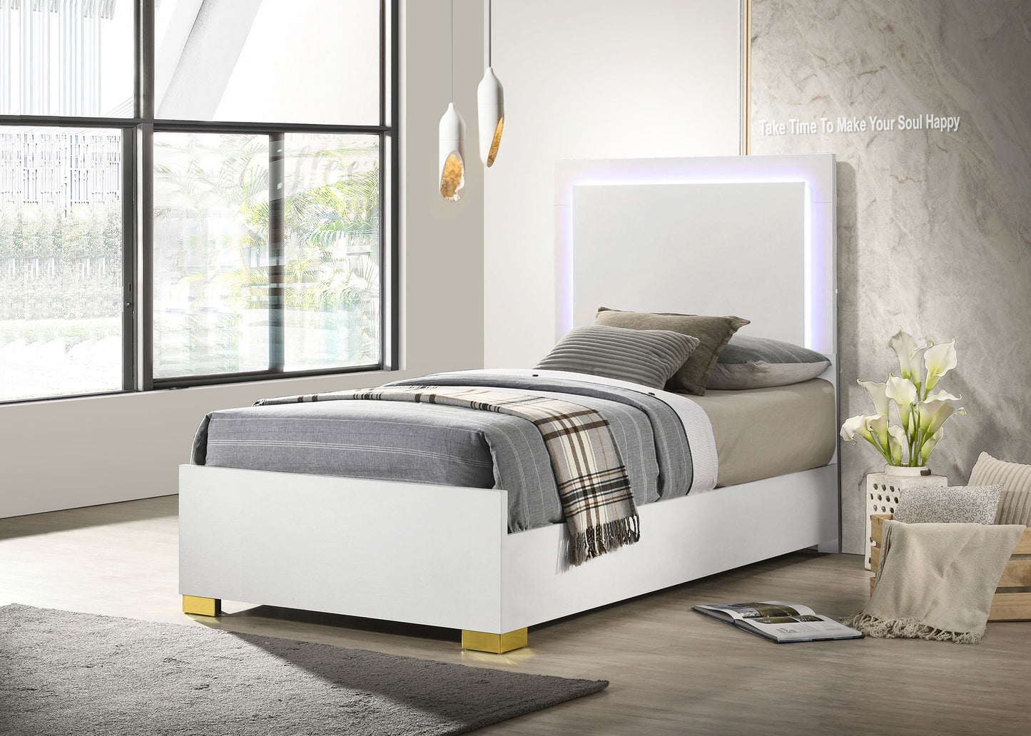 Marceline Wood Twin LED Panel Bed White